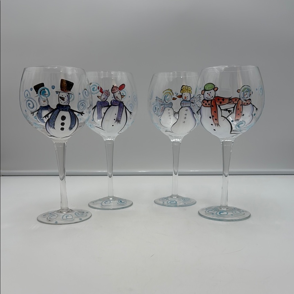 Hand Crafted Snowman Wine Glass Set - of four Multicolor
